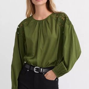 LOFT Olive Green Blouse with Lace Detail